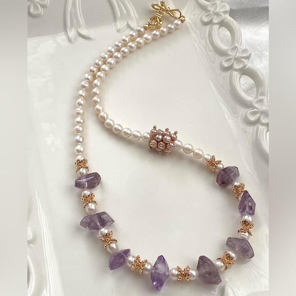 GP47-Handmade Natural Amethyst And Natural Freshwater Baby Pearl Necklace - Picture 4 of 13